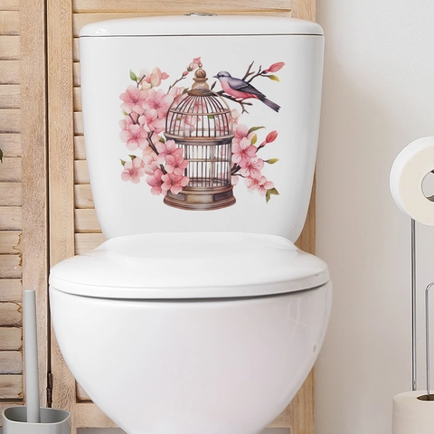 Watercolor Birdcage Cherry Blossom PVC Toilet Sticker Waterproof Bathroom Wall Art Decal For Restroom Home Decoration