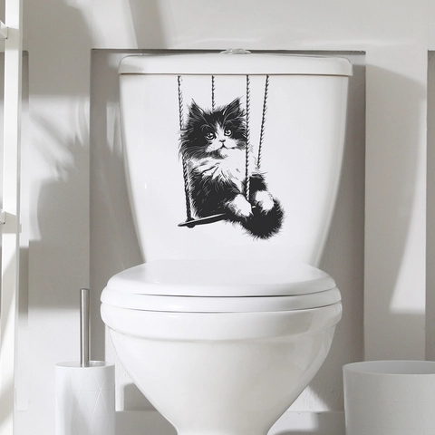 Cartoon Sketch Cat Swing Toilet Sticker PVC Waterproof Removable Animal Wall Decal For Bathroom Home Decor Wall Sticker