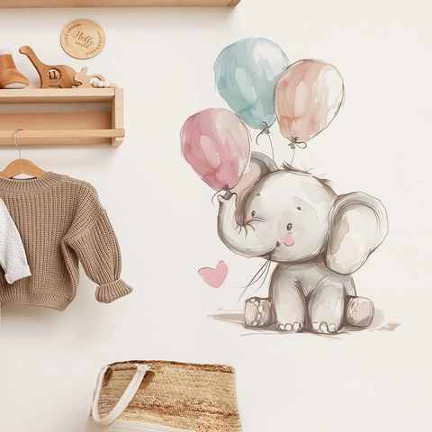 Adesivo Murale Elefante Cartone Animato Acquerello Con Palloncini Cuore PVC Rimovibile Decalcomania Parete DIY per Cameretta