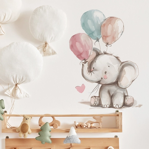 Adesivo Murale Elefante Cartone Animato Acquerello Con Palloncini Cuore PVC Rimovibile Decalcomania Parete DIY per Cameretta