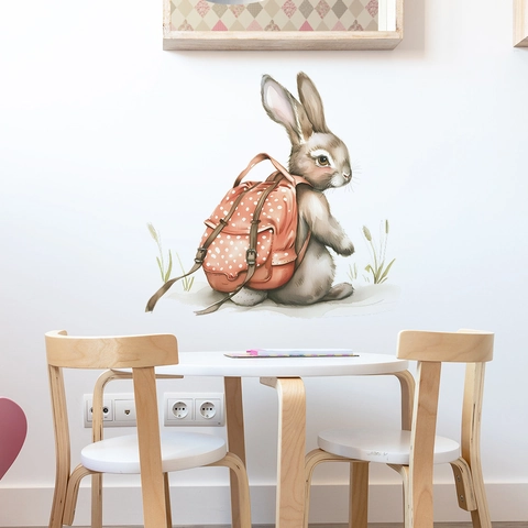 Watercolor Rabbit With Red Polka Dot Backpack Wall Sticker PVC Cartoon Bunny Wall Decal For Kids Bedroom Home Decoration