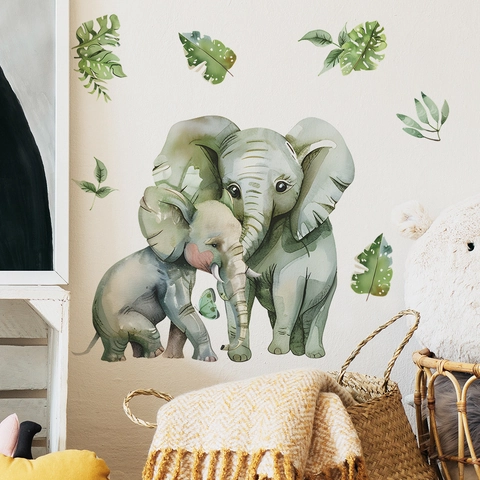 Cartoon Elephant And Green Leaves PVC Wall Sticker Watercolor Animal Wall Decals For Nursery Bedroom Living Room Home Decor