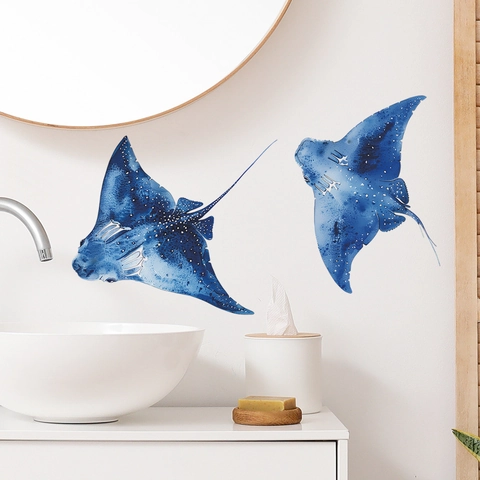 Watercolor Blue Manta Ray Wall Stickers For Bathroom Kids Bedroom PVC Waterproof Sea Animal Wall Decals Art Decor