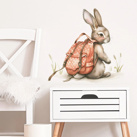 Watercolor Rabbit With Red Polka Dot Backpack Wall Sticker PVC Cartoon Bunny Wall Decal For Kids Bedroom Home Decoration