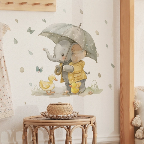Cartoon Elephant And Duck PVC Wall Stickers For Kids Room Bedroom Living Room Decor Watercolor Animal Nursery Wall Decals