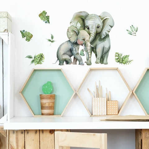 Cartoon Elephant And Green Leaves PVC Wall Sticker Watercolor Animal Wall Decals For Nursery Bedroom Living Room Home Decor