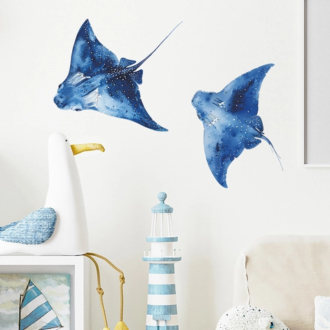 Watercolor Blue Manta Ray Wall Stickers For Bathroom Kids Bedroom PVC Waterproof Sea Animal Wall Decals Art Decor