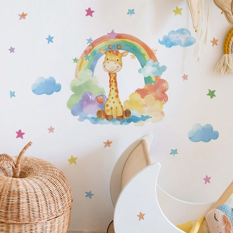 Cartoon Giraffe Rainbow Wall Sticker Watercolor DIY Stars Clouds PVC Removable Nursery Kids Room Home Decoration Sticker