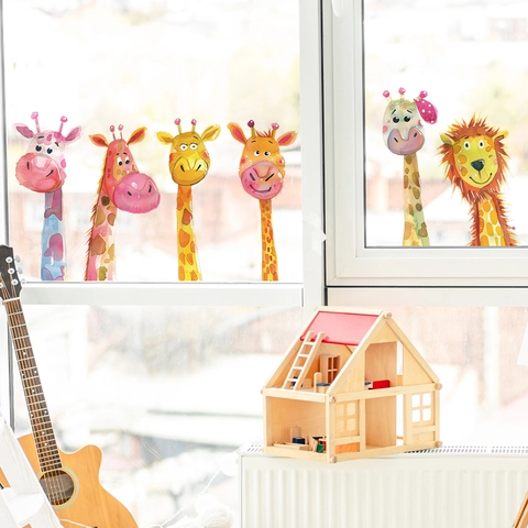 Adesivi Murali Famiglia Giraffa Cartone Animato Acquerello Per Cameretta Bambini Decorazione PVC Removibile Fai Da Te