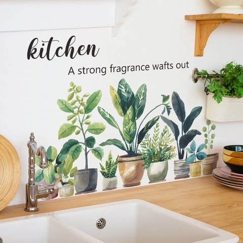 Watercolor Potted Green Plants Wall Stickers Self Adhesive PVC Kitchen Living Room Home Decor Floral Mural Decals