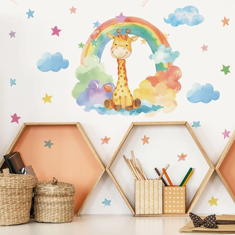 Cartoon Giraffe Rainbow Wall Sticker Watercolor DIY Stars Clouds PVC Removable Nursery Kids Room Home Decoration Sticker