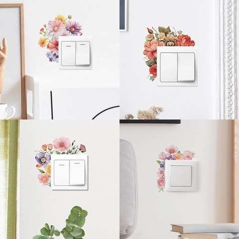 Pegatina de Interruptor de Hoja de Flor de Acuarela PVC Calcomanía de Pared Para Sala de Estar Dormitorio Decoración del Hogar Floral