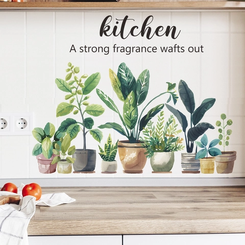 Watercolor Potted Green Plants Wall Stickers Self Adhesive PVC Kitchen Living Room Home Decor Floral Mural Decals