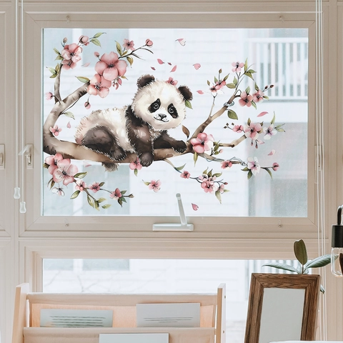 Vinilo Decorativo de Panda en Acuarela en Rama de Cerezo Flor Rosa Árbol Calcomanía para Dormitorio Infantil Decoración PVC