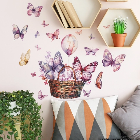 Adesivo da Parete Farfalla Cesto di Fiori Acquerello PVC Creativo Adesivi Murali Rimovibili per Soggiorno Camera da Letto