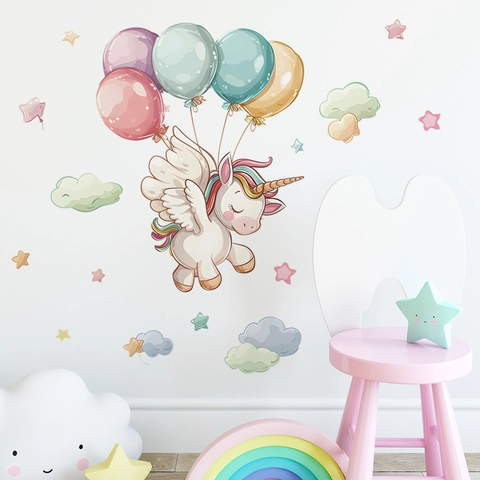 Adesivi Murali Unicorno Cartoon per Cameretta Bambini Camera da Letto Sfondo Decor PVC Impermeabile Palloncini Nuvole Stelle
