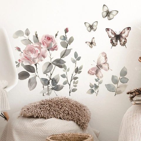 Aquarel Roze Roos Bloem Vlinder Muurstickers PVC Zelfklevend Minimalistisch Floral Muurstickers Voor Slaapkamer Kaptafel Decor