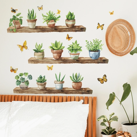 Pegatinas de Pared de Cactus y Suculentas en Acuarela PVC Autoadhesivas Mariposas Plantas Verdes para Decoración