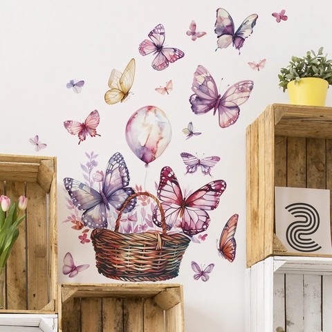 Adesivo da Parete Farfalla Cesto di Fiori Acquerello PVC Creativo Adesivi Murali Rimovibili per Soggiorno Camera da Letto