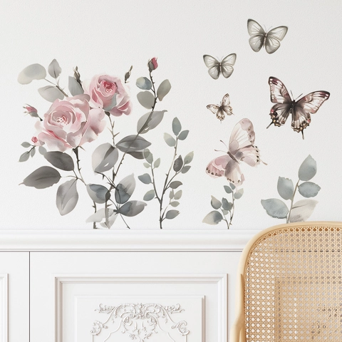 Aquarel Roze Roos Bloem Vlinder Muurstickers PVC Zelfklevend Minimalistisch Floral Muurstickers Voor Slaapkamer Kaptafel Decor