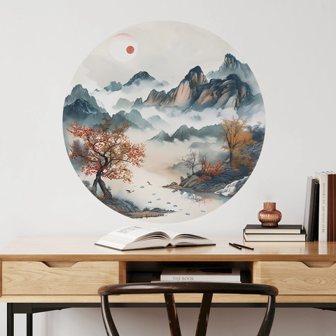Modern Chinese Landscape Painting Round Wall Sticker PVC Removable Self-Adhesive Mural For Bedroom Living Room Background