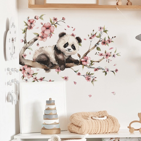 Vinilo Decorativo de Panda en Acuarela en Rama de Cerezo Flor Rosa Árbol Calcomanía para Dormitorio Infantil Decoración PVC