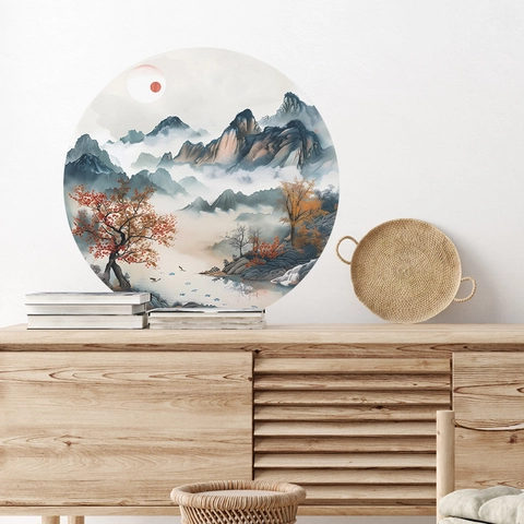 Modern Chinese Landscape Painting Round Wall Sticker PVC Removable Self-Adhesive Mural For Bedroom Living Room Background
