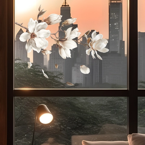 Weiße Magnolie Statische Fensterfolie Kleberfrei Glasaufkleber Abnehmbar Floral Dekor Für Wohnzimmer Schlafzimmer Deko