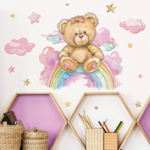 Cartoon Rainbow Bear Wall Stickers Watercolor Bear Sitting On Rainbow With Clouds Stars PVC Removable Decals For Kids Room Nursery