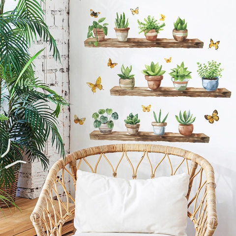 Pegatinas de Pared de Cactus y Suculentas en Acuarela PVC Autoadhesivas Mariposas Plantas Verdes para Decoración