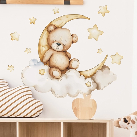 Aquarell Teddybär Schläft Auf Mond Mit Wolken Und Sternen Cartoon PVC Wandtattoo Für Kinderzimmer Kindergarten Hintergrund Dekor