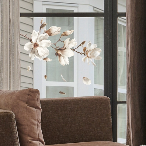 Weiße Magnolie Statische Fensterfolie Kleberfrei Glasaufkleber Abnehmbar Floral Dekor Für Wohnzimmer Schlafzimmer Deko