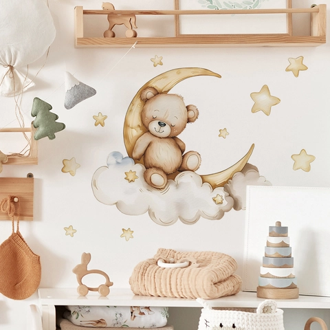 Adesivo da Parete in PVC a Forma di Orsetto che Dorme sulla Luna con Nuvole e Stelle per Cameretta Bambini Decorazione Parete