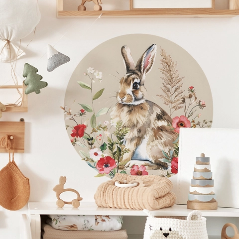 Watercolor Rabbit Flower Round Wall Sticker Cartoon Bunny Floral PVC Decal For Kids Room Nursery Home Decor Background