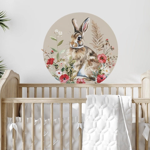 Watercolor Rabbit Flower Round Wall Sticker Cartoon Bunny Floral PVC Decal For Kids Room Nursery Home Decor Background