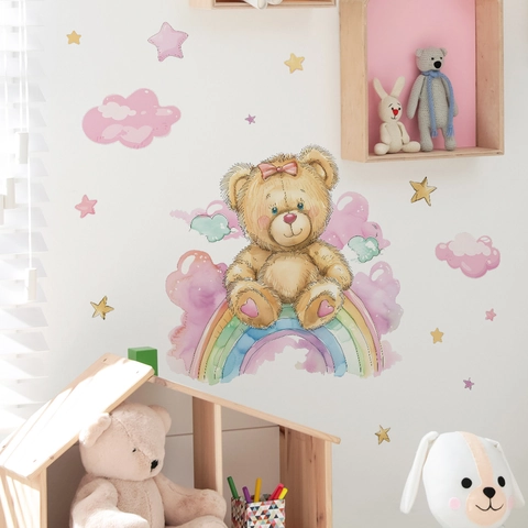 Cartoon Rainbow Bear Wall Stickers Watercolor Bear Sitting On Rainbow With Clouds Stars PVC Removable Decals For Kids Room Nursery