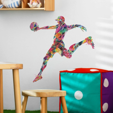 Adesivo Murale Giocatore Basket Geometrico Moderna Silhouette Atleta Low Poly Decalcomania PVC Multicolore per Camera Bambini