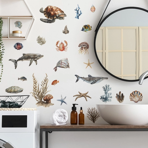 Pegatinas de Pared Mundo Submarino Dibujos Tortuga Tiburón Coral PVC Impermeable Decoración Baño Para Inodoro
