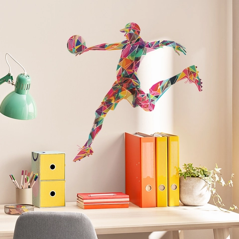 Adesivo Murale Giocatore Basket Geometrico Moderna Silhouette Atleta Low Poly Decalcomania PVC Multicolore per Camera Bambini