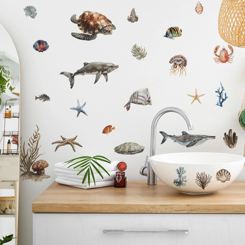 Pegatinas de Pared Mundo Submarino Dibujos Tortuga Tiburón Coral PVC Impermeable Decoración Baño Para Inodoro