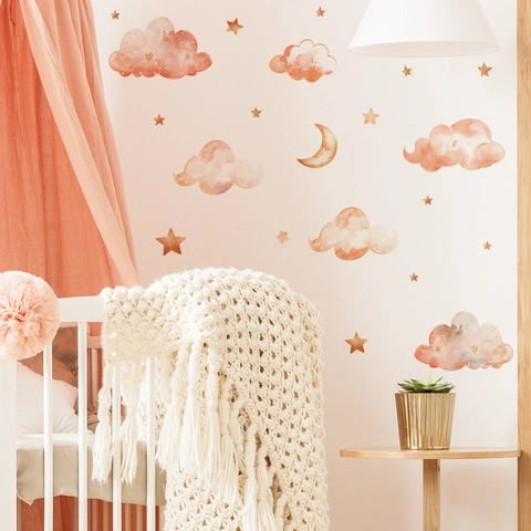 Pegatina de Pared de Dibujos Animados Acuarela Nube Estrella Luna para Habitación Niños PVC Autoadhesiva Color Morandi Cálido Estampado