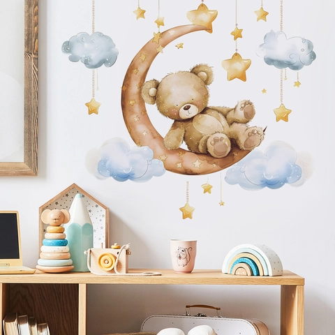 Adesivi Murali Acquerello Cartone Animato Orsetto della Buonanotte sulla Luna Stella Nuvola Decalcomania da Parete per Cameretta Bambini