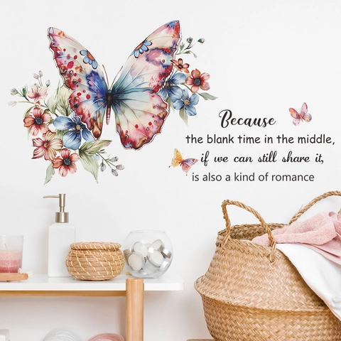 Watercolor Butterfly Flower Wall Sticker Romantic English Quote PVC Decal For Bedroom Living Room Beautification Home Decor