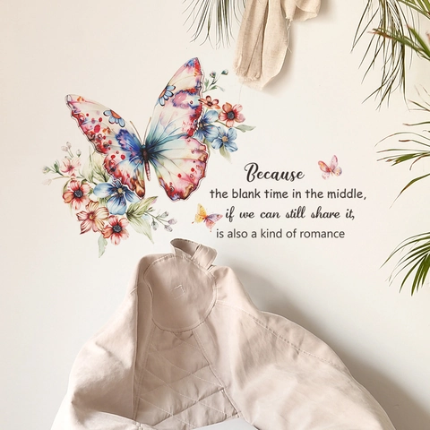 Watercolor Butterfly Flower Wall Sticker Romantic English Quote PVC Decal For Bedroom Living Room Beautification Home Decor