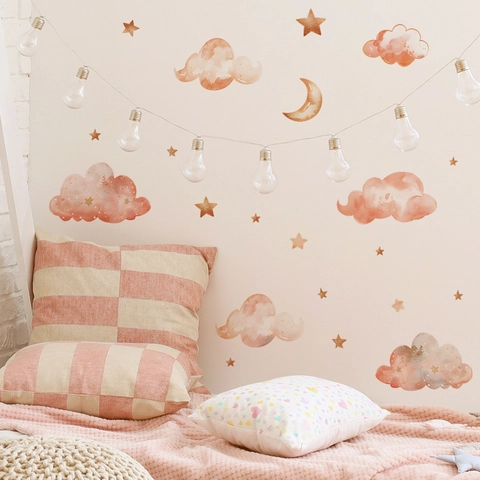 Pegatina de Pared de Dibujos Animados Acuarela Nube Estrella Luna para Habitación Niños PVC Autoadhesiva Color Morandi Cálido Estampado