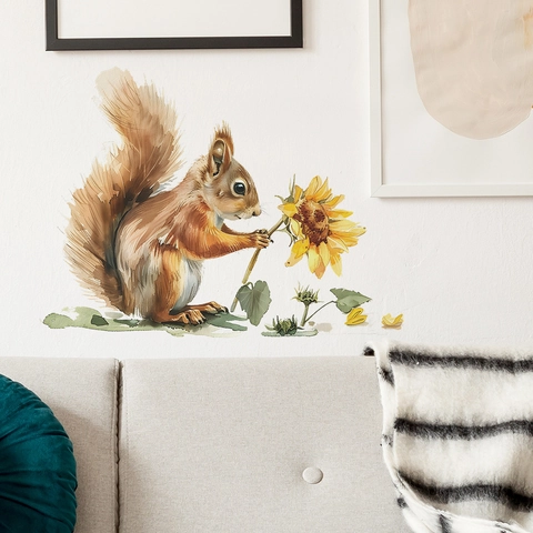 Cartoon Squirrel Sunflower Watercolor Style Wall Stickers PVC Decorative Decals For Bedroom Living Room Home Art Decor