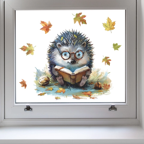 Cartoon Igel Liest Buch Fensteraufkleber Herbst Ahornblätter Statisch Haftend UV Druck Glastür Dekoration DIY Abnehmbar Heim Dekor