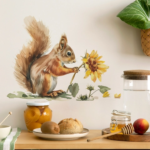 Cartoon Squirrel Sunflower Watercolor Style Wall Stickers PVC Decorative Decals For Bedroom Living Room Home Art Decor