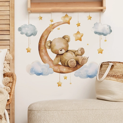 Adesivi Murali Acquerello Cartone Animato Orsetto della Buonanotte sulla Luna Stella Nuvola Decalcomania da Parete per Cameretta Bambini