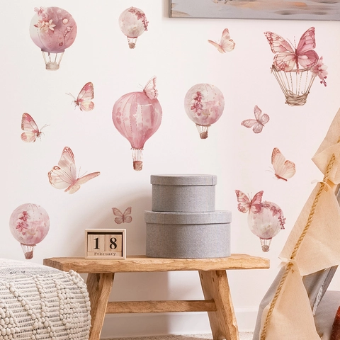 Stickers Muraux Aquarelle Montgolfière Rose Papillon Pour Enfants PVC Autocollant Décoration Maison Murales De Rêve